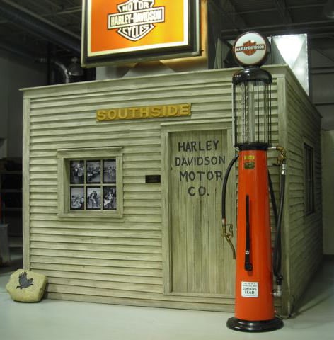 full-size replica of the old Shed in the service department of Indianapolis Southside Harley-Davidson