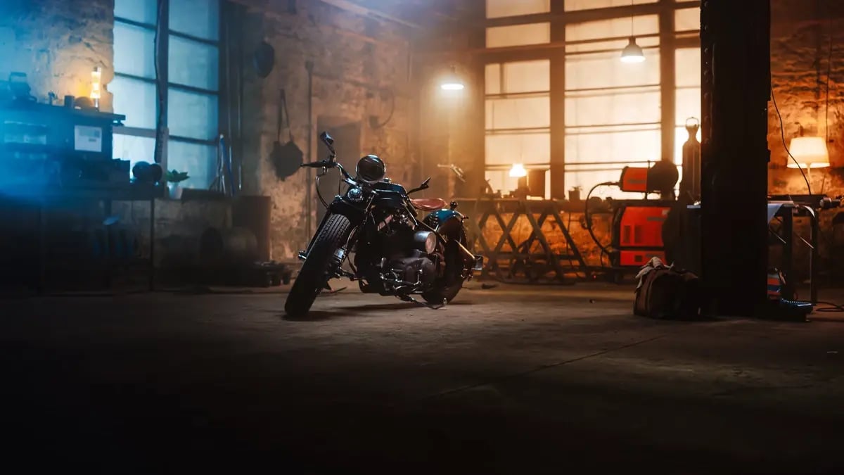 A motorcycle in a shop.