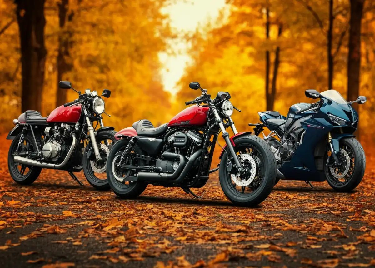 Harley Davidson motorcycles in fall setting