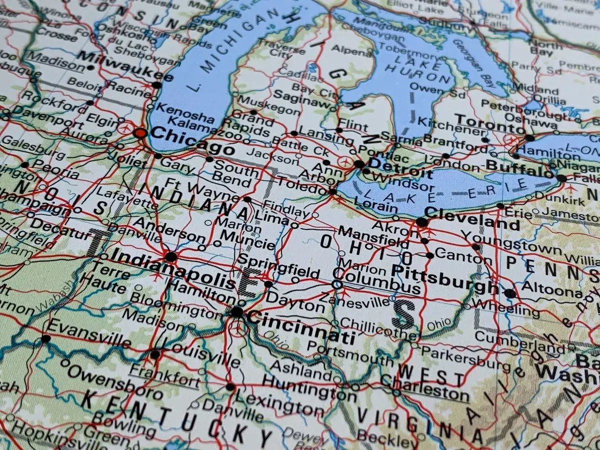 Indiana, Ohio, Great Lakes, USA, a picture of a map in a world atlas, suitable to illustrate travel, tourism, economy and politics topics