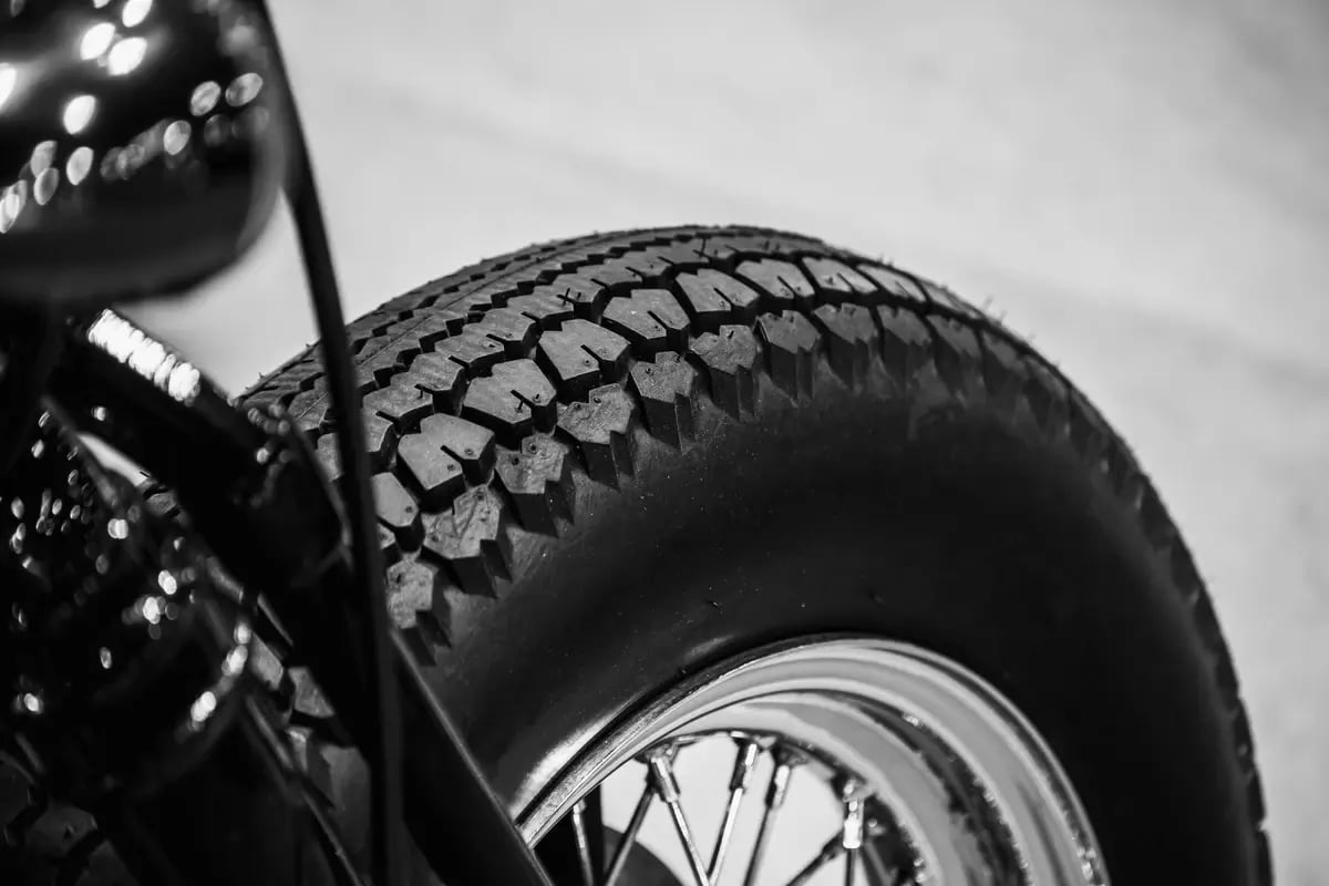 Motorcycle radial tire closeup.