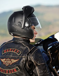 Man wearing a harley davidson modular helmet